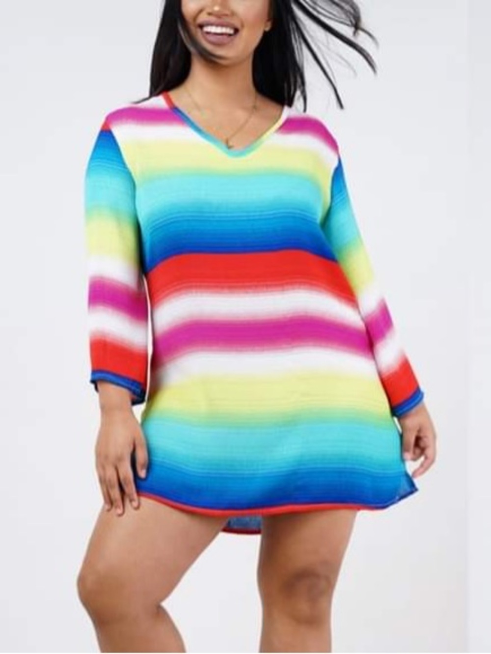 Vibrant Rainbow Striped V-Neck Tunic